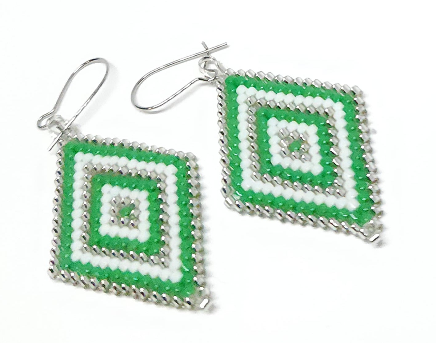 Green Brick stitch Dangles with surgical stainless steel hooks