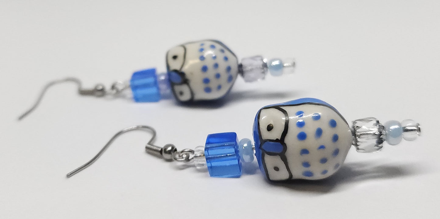 Ceramic Blue Owls with stainless steel hooks